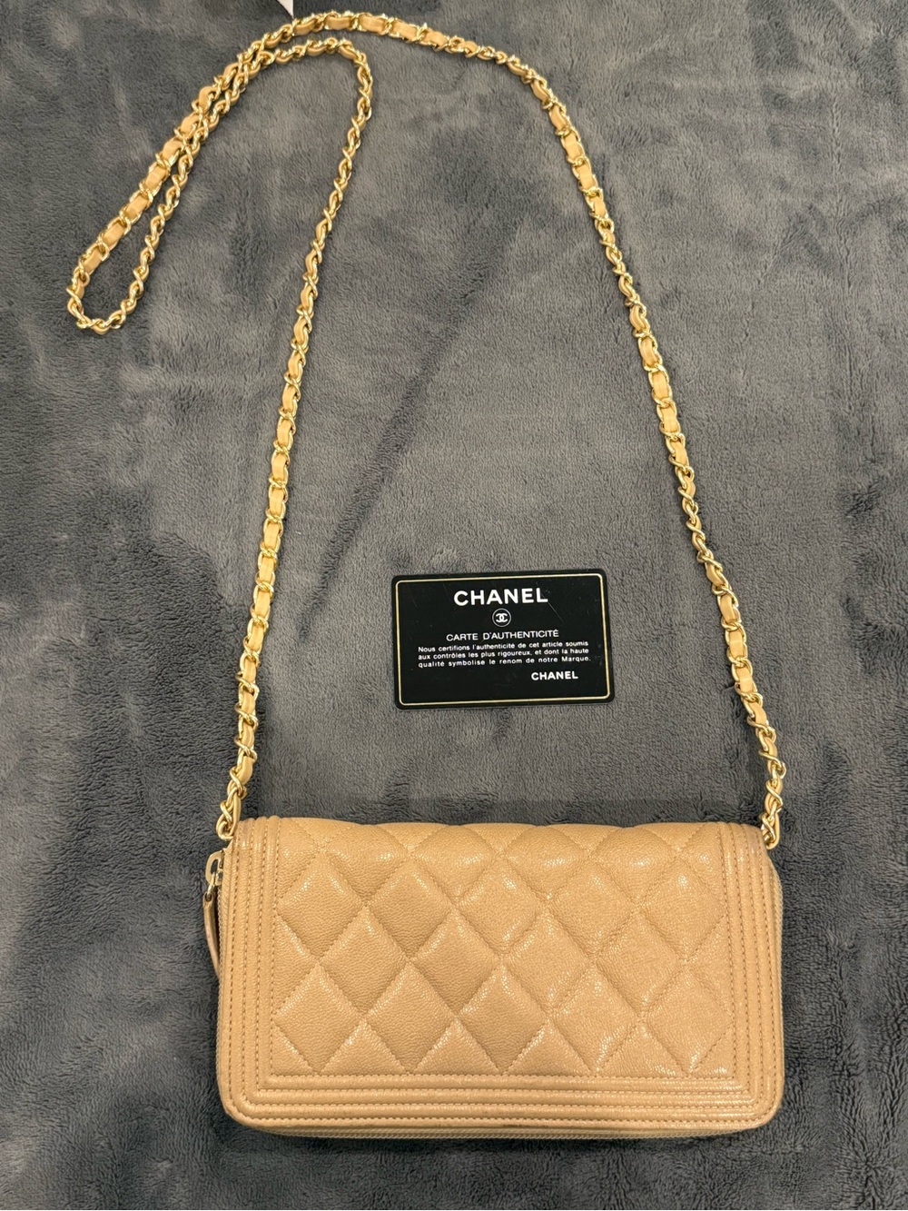 Chanel Boy Beige Quilted Caviar Leather Chain Shoulder Crossbody Bag - Picture 3 of 11